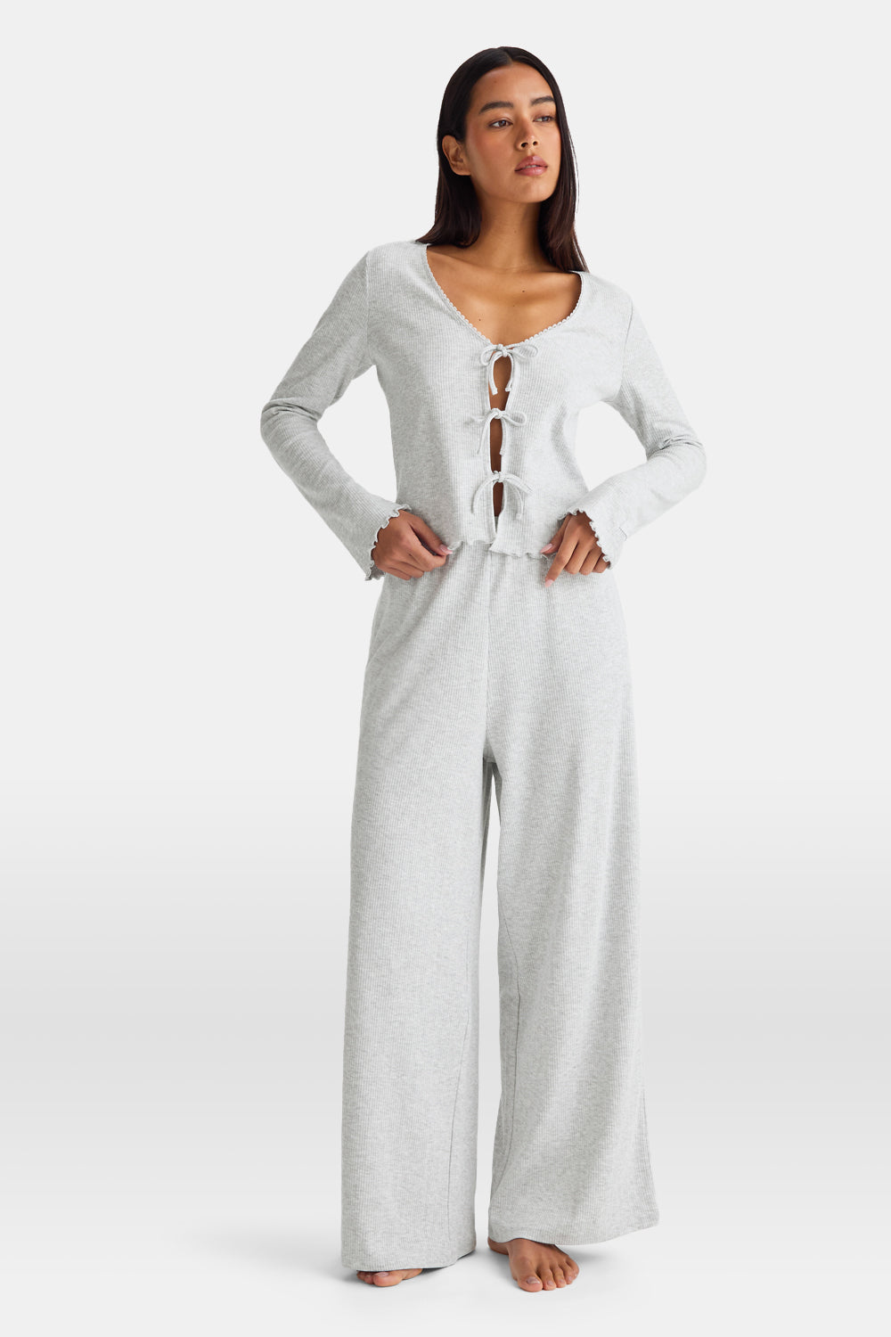 Tie Up Pyjama Cardigan - Grey Marl