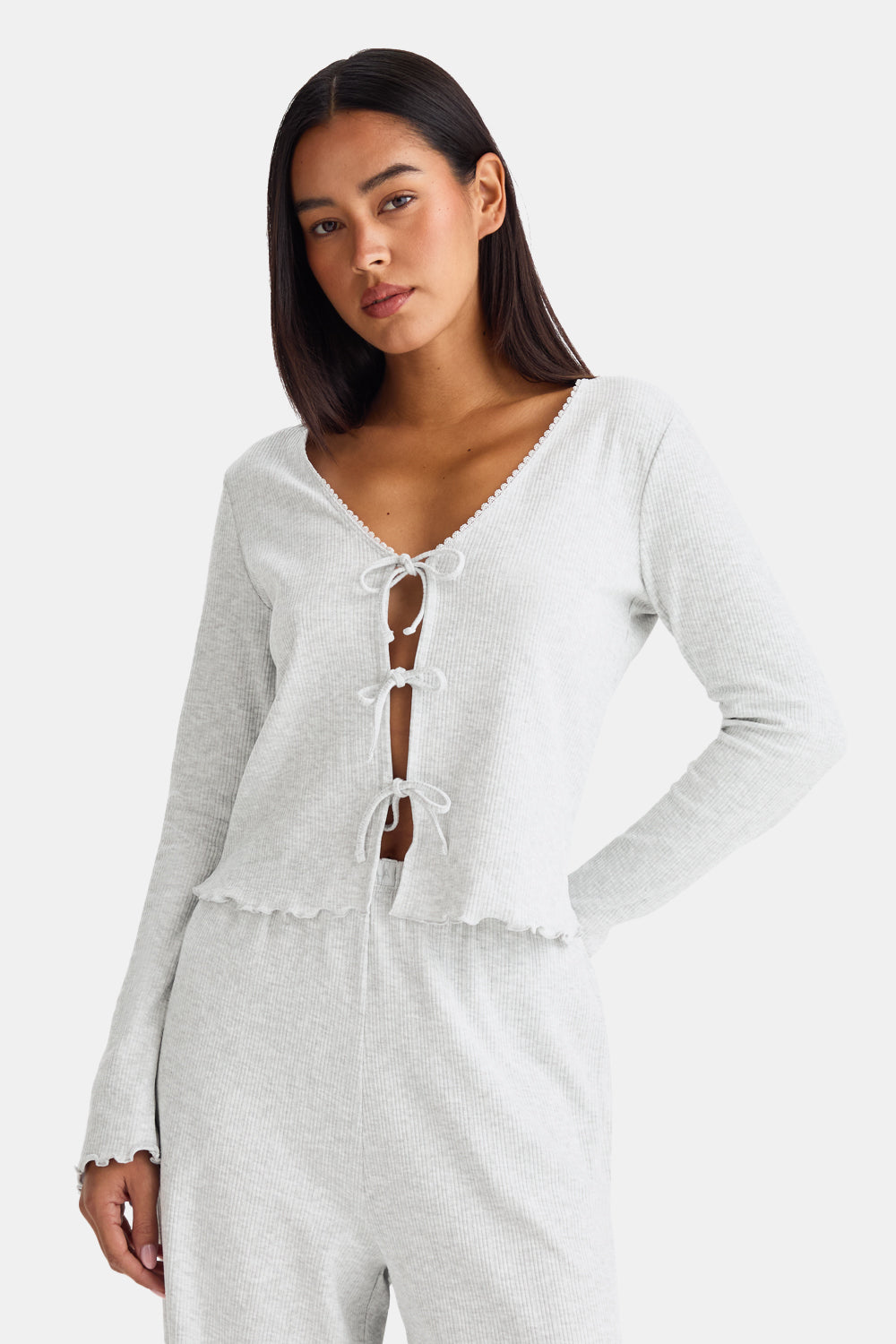 Tie Up Pyjama Cardigan - Grey Marl