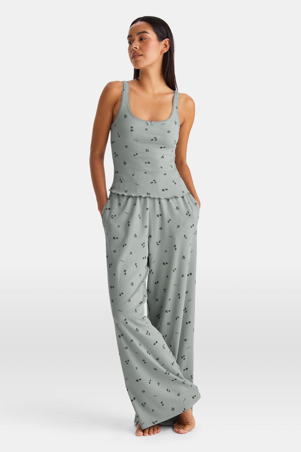 Built In Bra Pyjama Vest - Sage Woodland Print