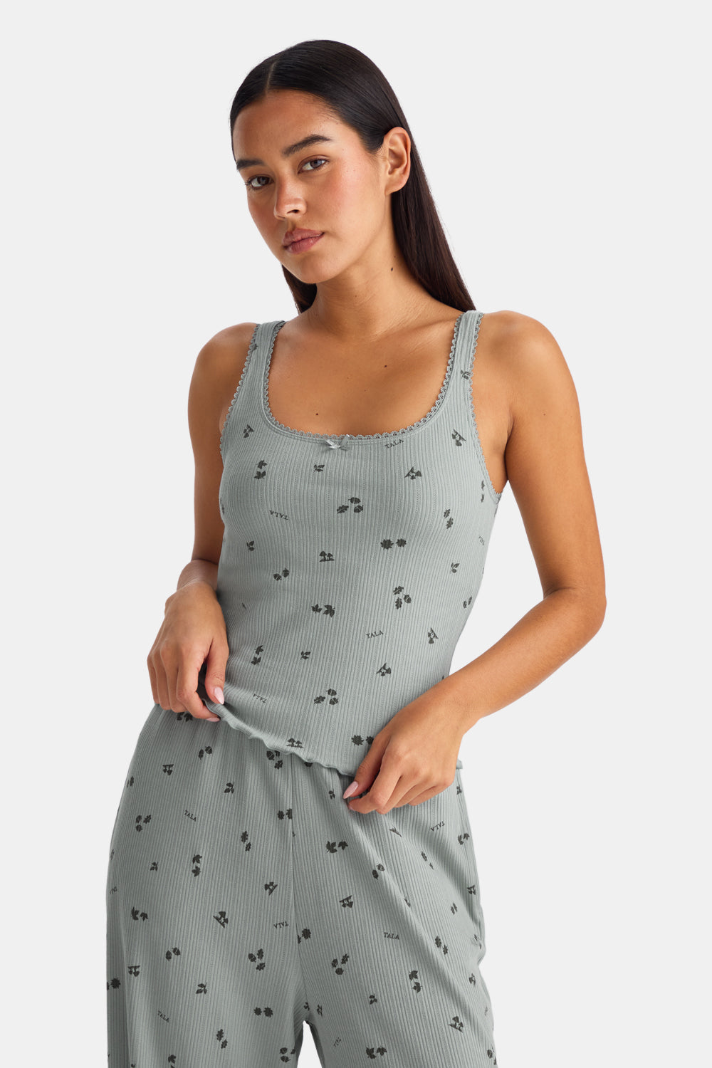 Built In Bra Pyjama Vest - Sage Woodland Print