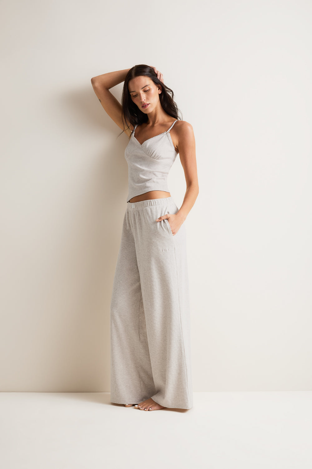 Wide Leg Pyjama Bottoms - Oat Marl