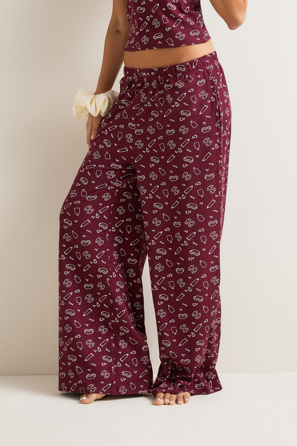 Wide Leg Pyjama Bottoms - Burgundy 'Wind Down' Print