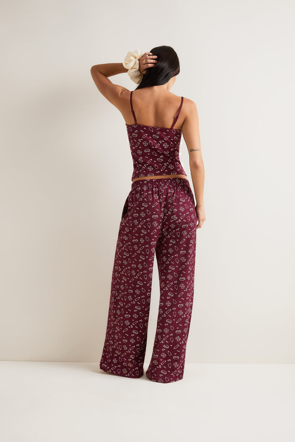 Wide Leg Pyjama Bottoms - Burgundy 'Wind Down' Print