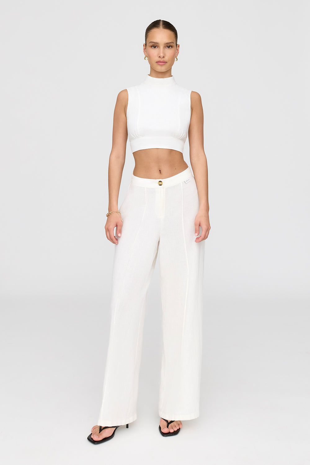 Monaco Linen Blend Mock Neck Tie Back Crop Top - Coconut Milk