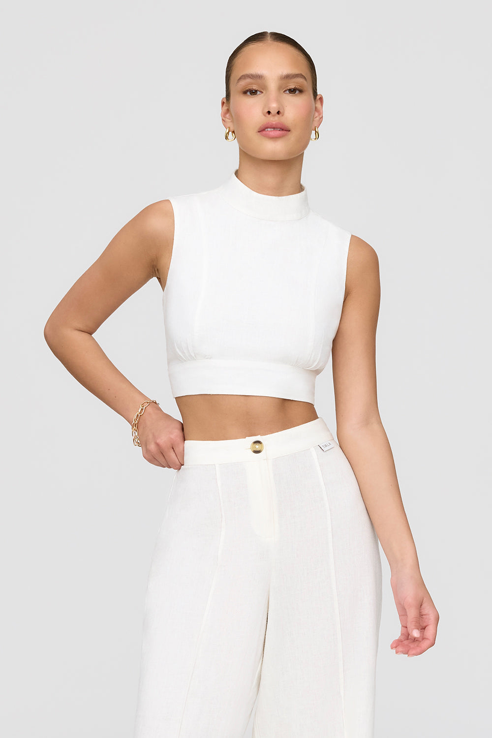 Monaco Linen Blend Mock Neck Tie Back Crop Top - Coconut Milk