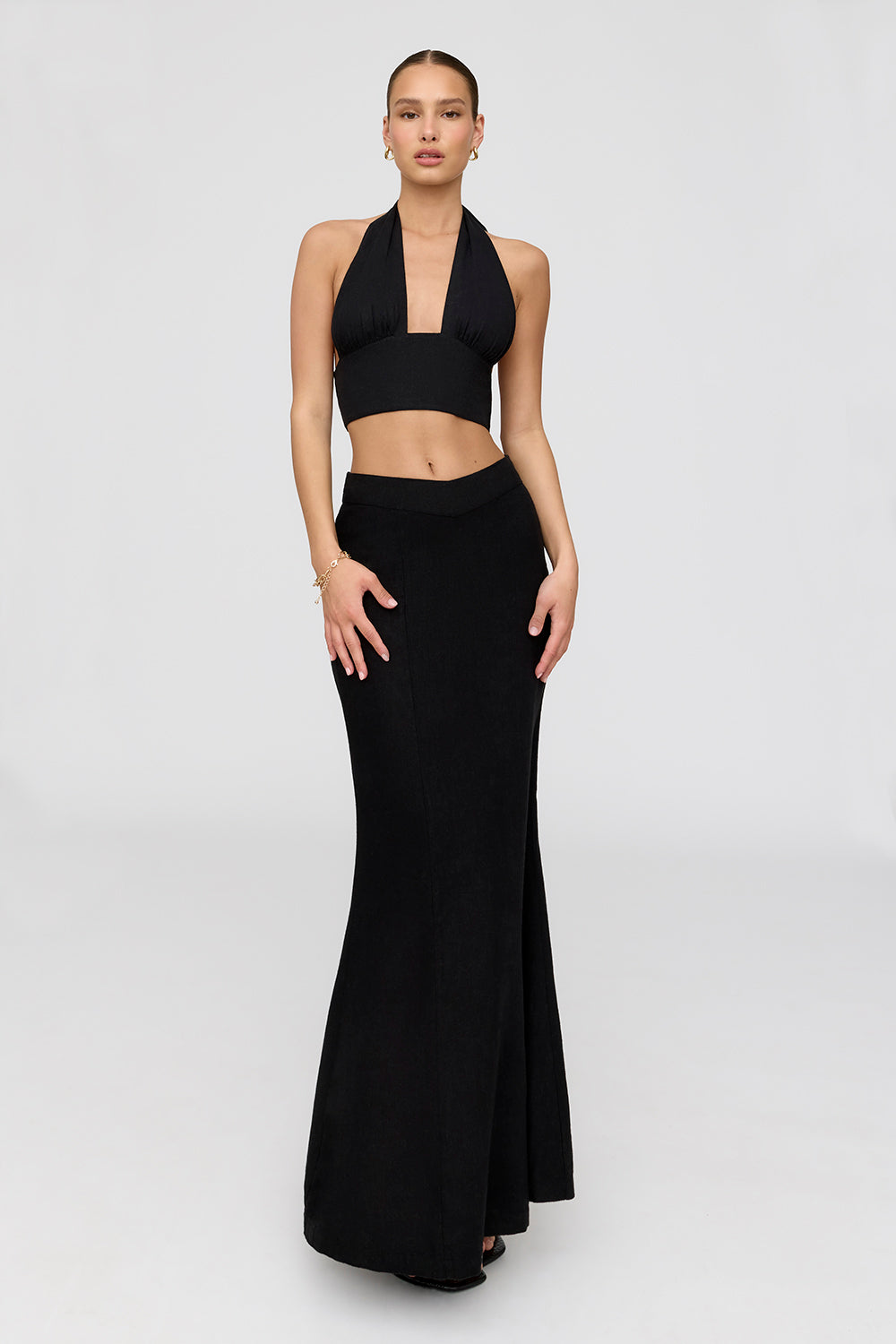 Milos Linen Blend V Waist Maxi Skirt - Shadow Black