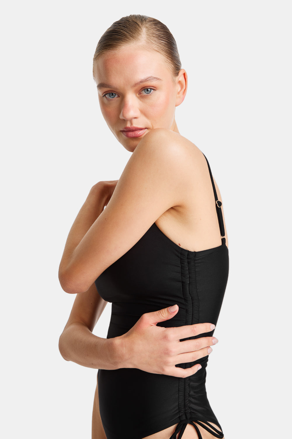 Ruched Adjustable Tie Side Shaping Swimsuit - Blank Onyx