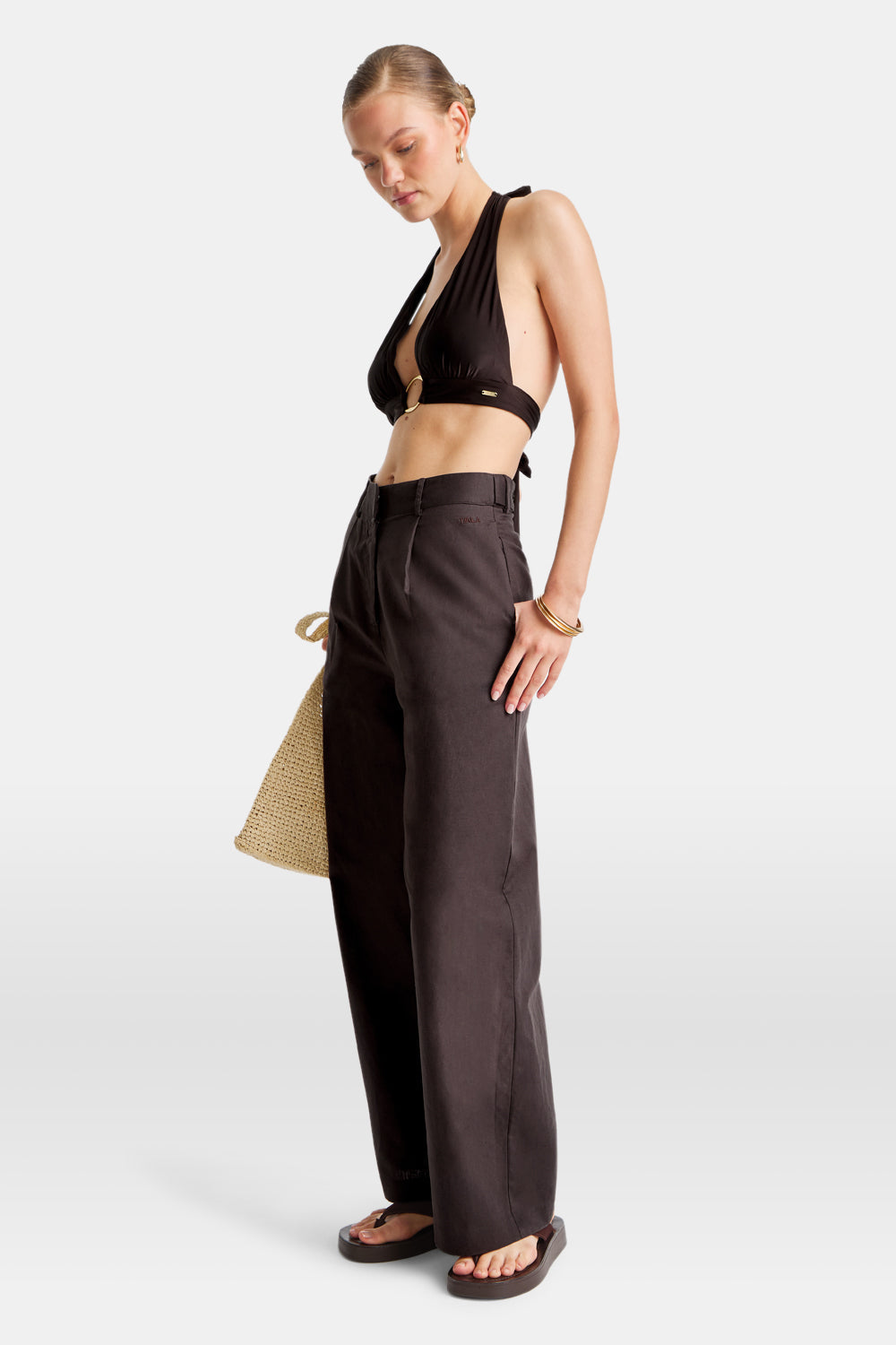 Heavyweight Linen Tailored Wide Leg Trousers - Espresso