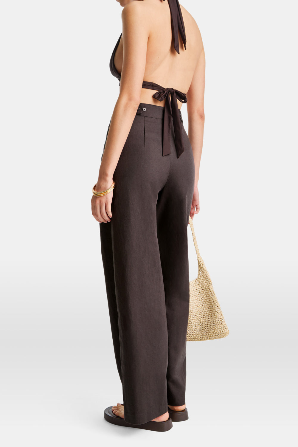 Heavyweight Linen Tailored Wide Leg Trousers - Espresso