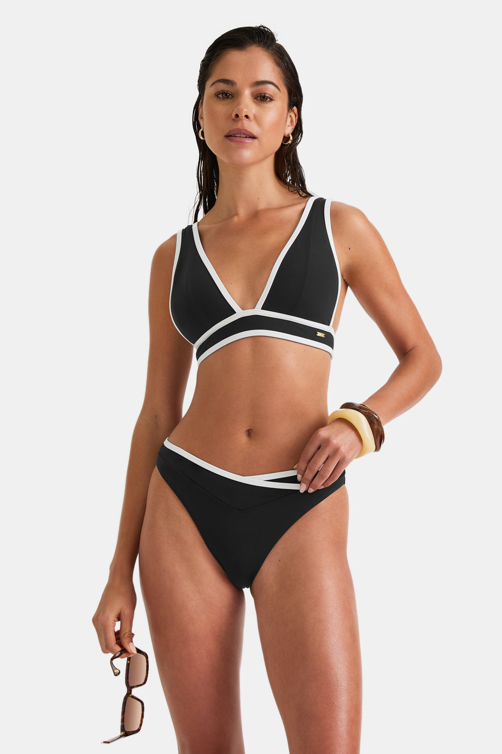 Contrast Plunge Bikini Top - Shadow Black And Coconut Milk