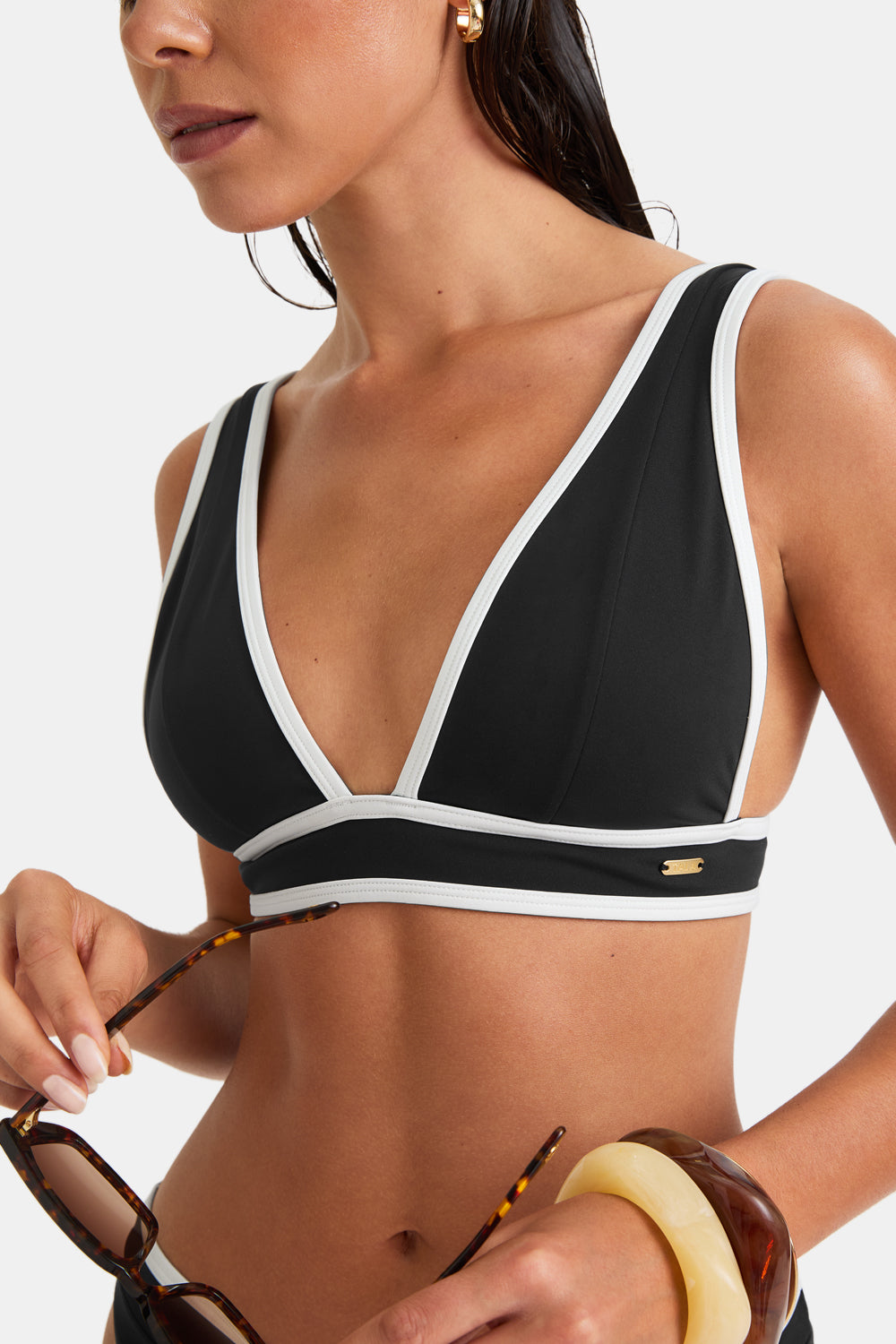 Contrast Plunge Bikini Top - Shadow Black And Coconut Milk