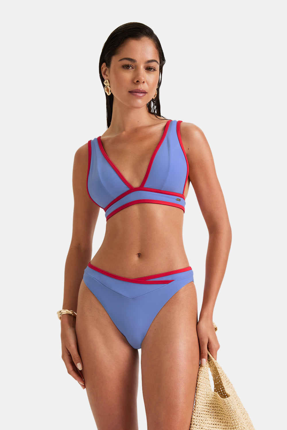 Contrast Plunge Bikini Top - Blue