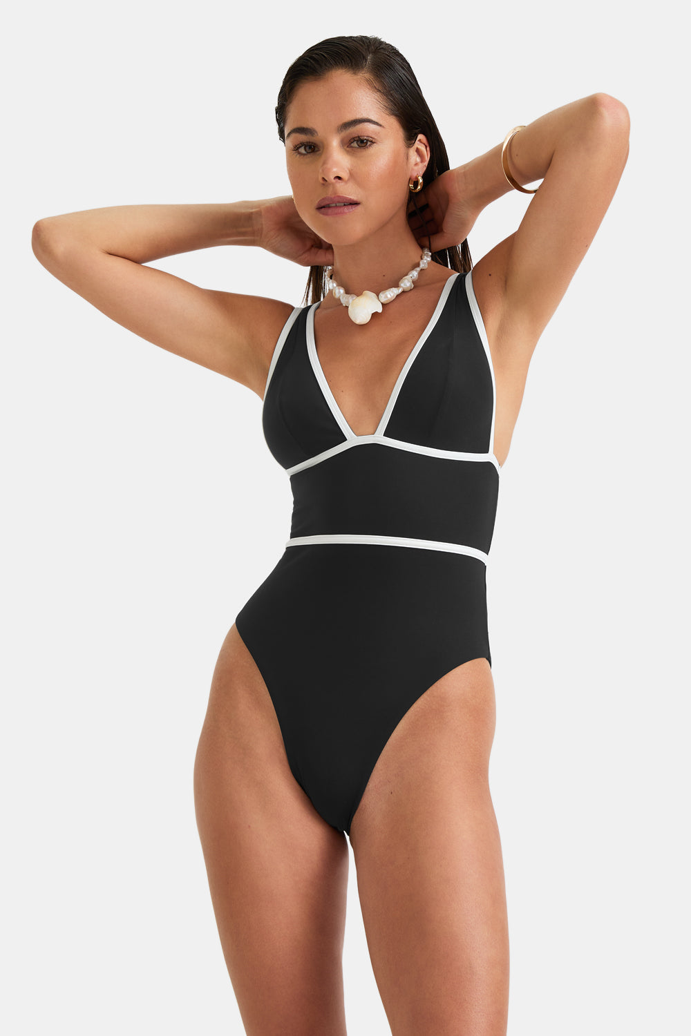 Contrast Plunge Swimsuit - Shadow Black