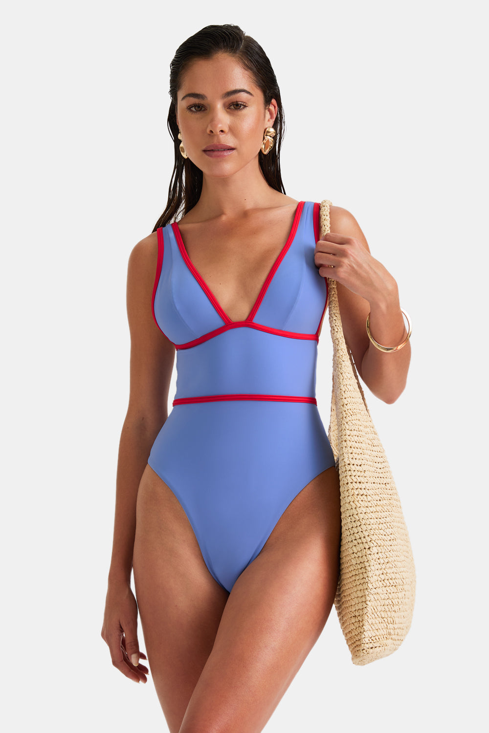 Contrast Plunge Swimsuit - Blue