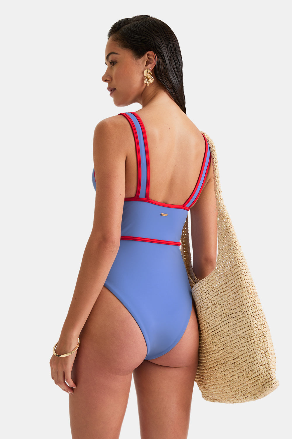 Contrast Plunge Swimsuit - Blue