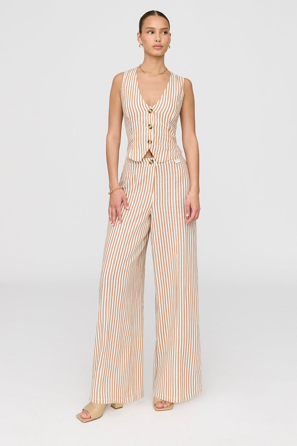 Athens Linen Blend Tailored Wide Leg Trousers - Taupe Stripe