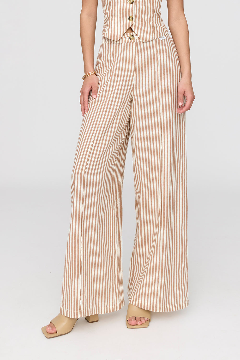 Athens Linen Blend Tailored Wide Leg Trousers - Taupe Stripe