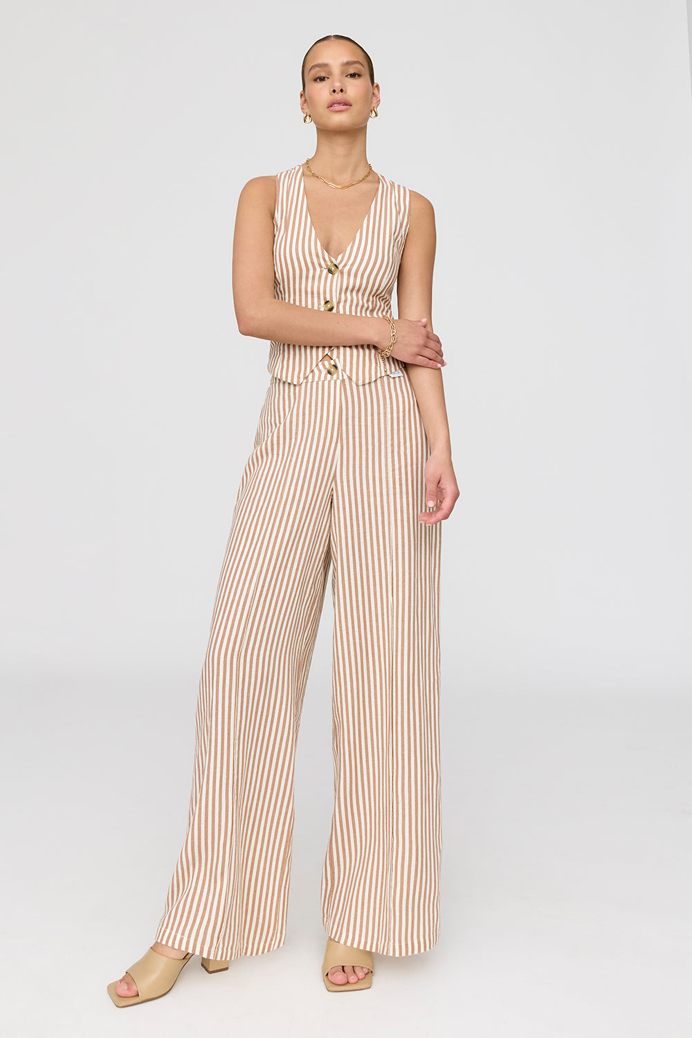 Athens Linen Blend Tailored Wide Leg Trousers - Taupe Stripe