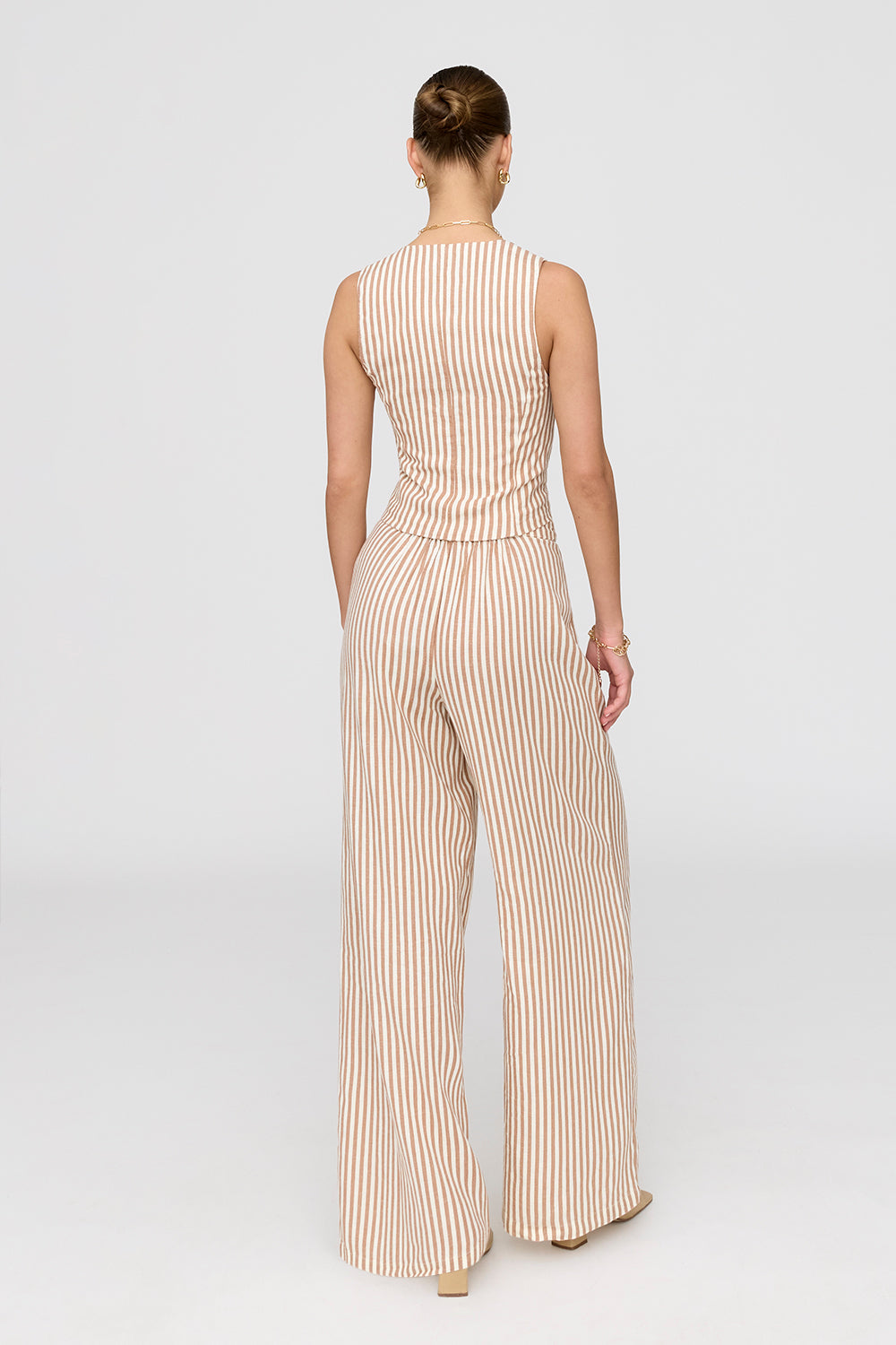 Athens Linen Blend Tailored Wide Leg Trousers - Taupe Stripe
