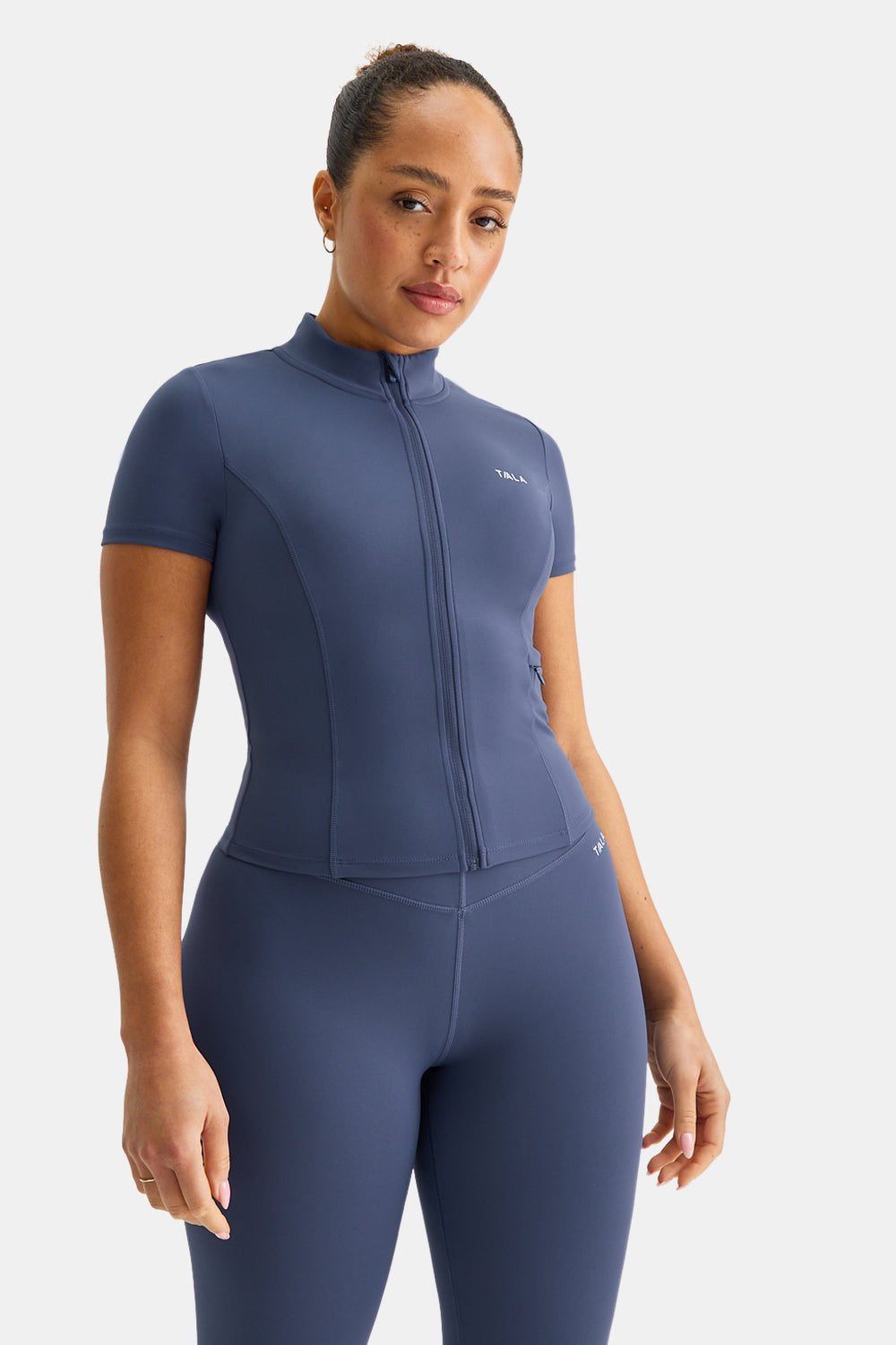 SkinLuxe Zip Through Short Sleeve Running Top - Vintage Blue