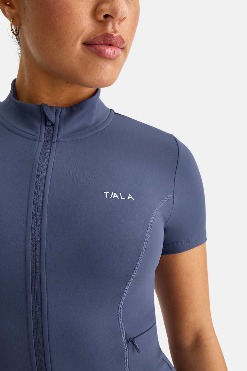 SkinLuxe Zip Through Short Sleeve Running Top - Vintage Blue