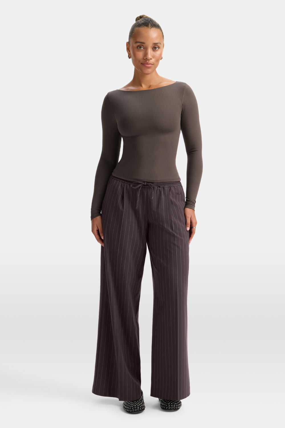 365 Boat Neck Long Sleeve Top - Mocha Brown