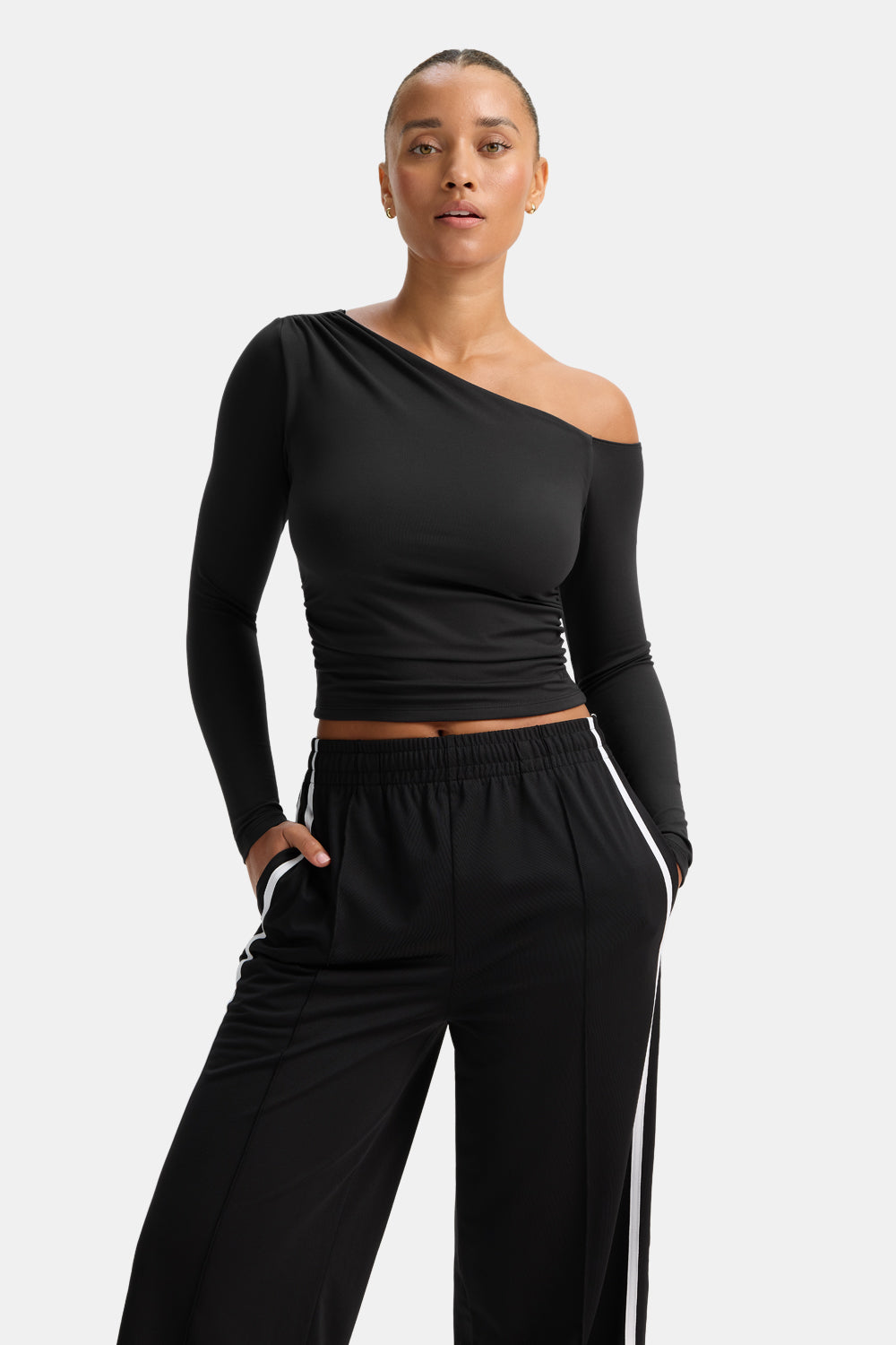 365 Asymmetric Ruched Long Sleeve Top - Black