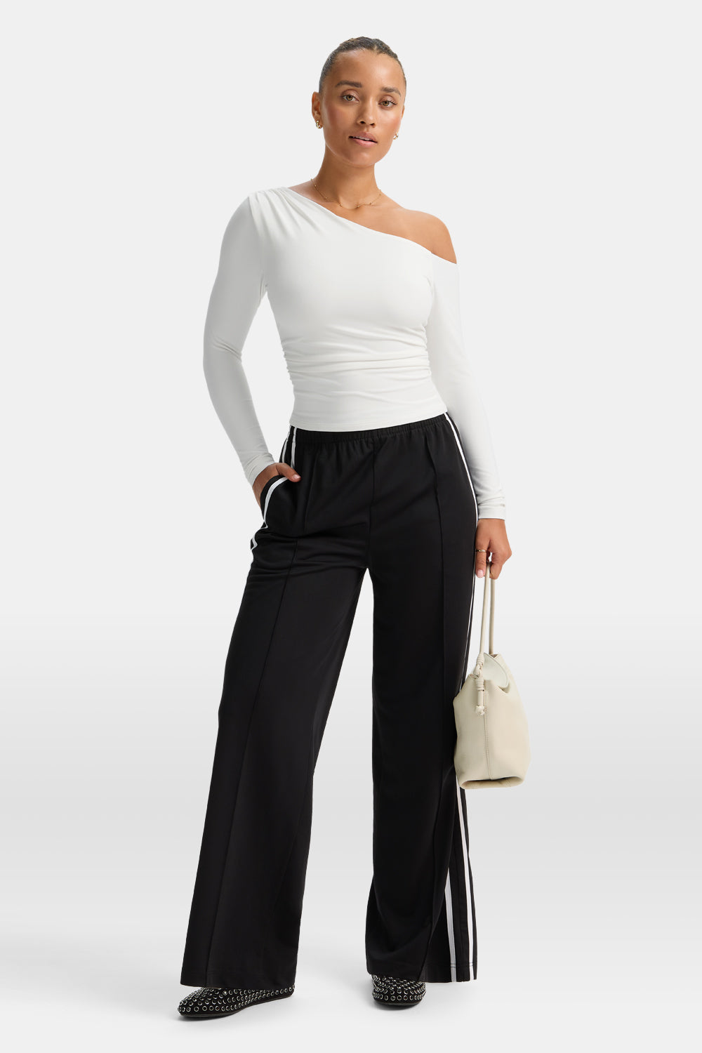 365 Asymmetric Ruched Long Sleeve Top - Coconut Milk