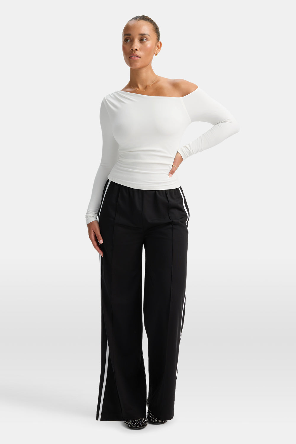 365 Asymmetric Ruched Long Sleeve Top - Coconut Milk