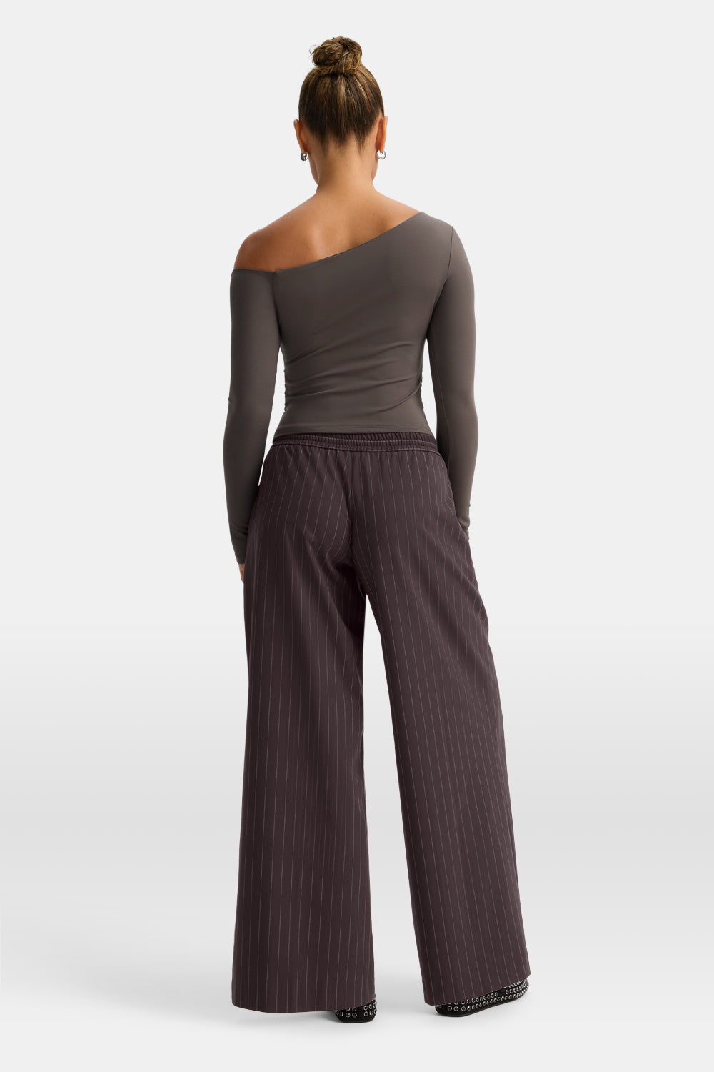 365 Asymmetric Ruched Long Sleeve Top - Mocha Brown