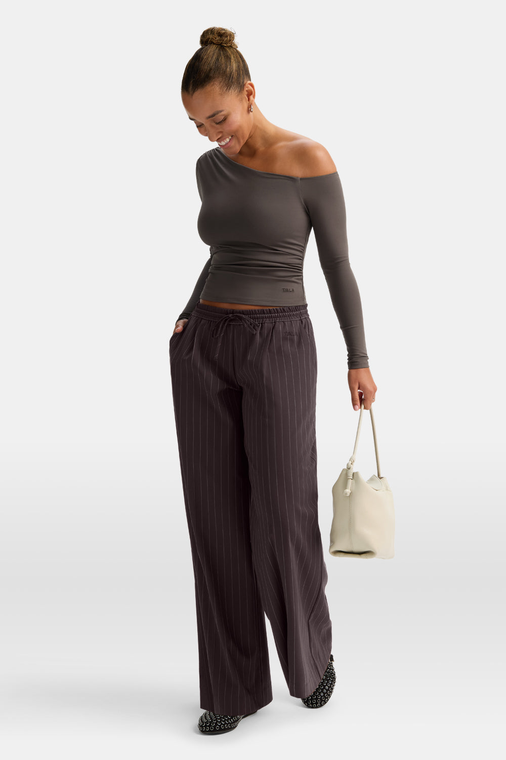 Everyday Tailoring Drawstring Trousers - Mocha Brown Pinstripe