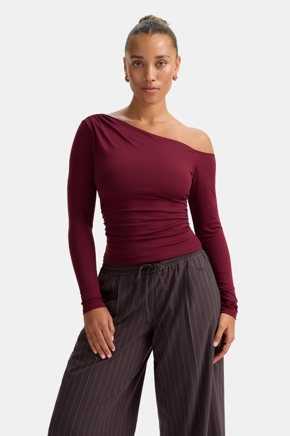 365 Asymmetric Ruched Long Sleeve Top - Port Red