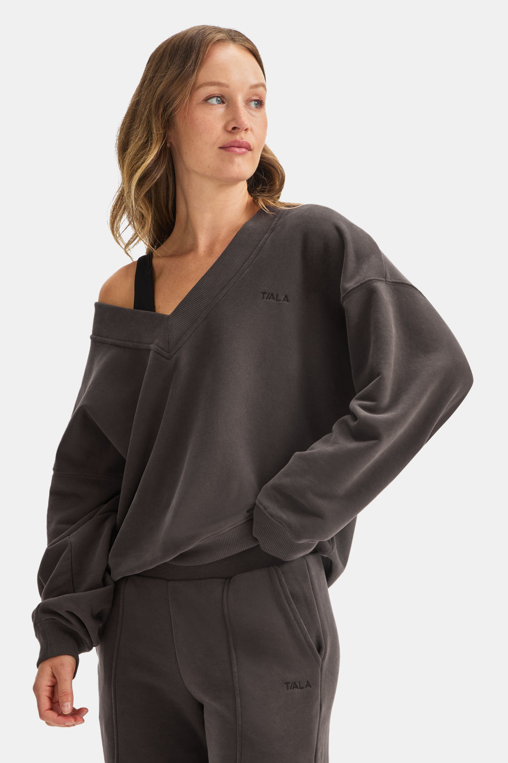 Oversized V Neck Sweatshirt - Mocha Brown
