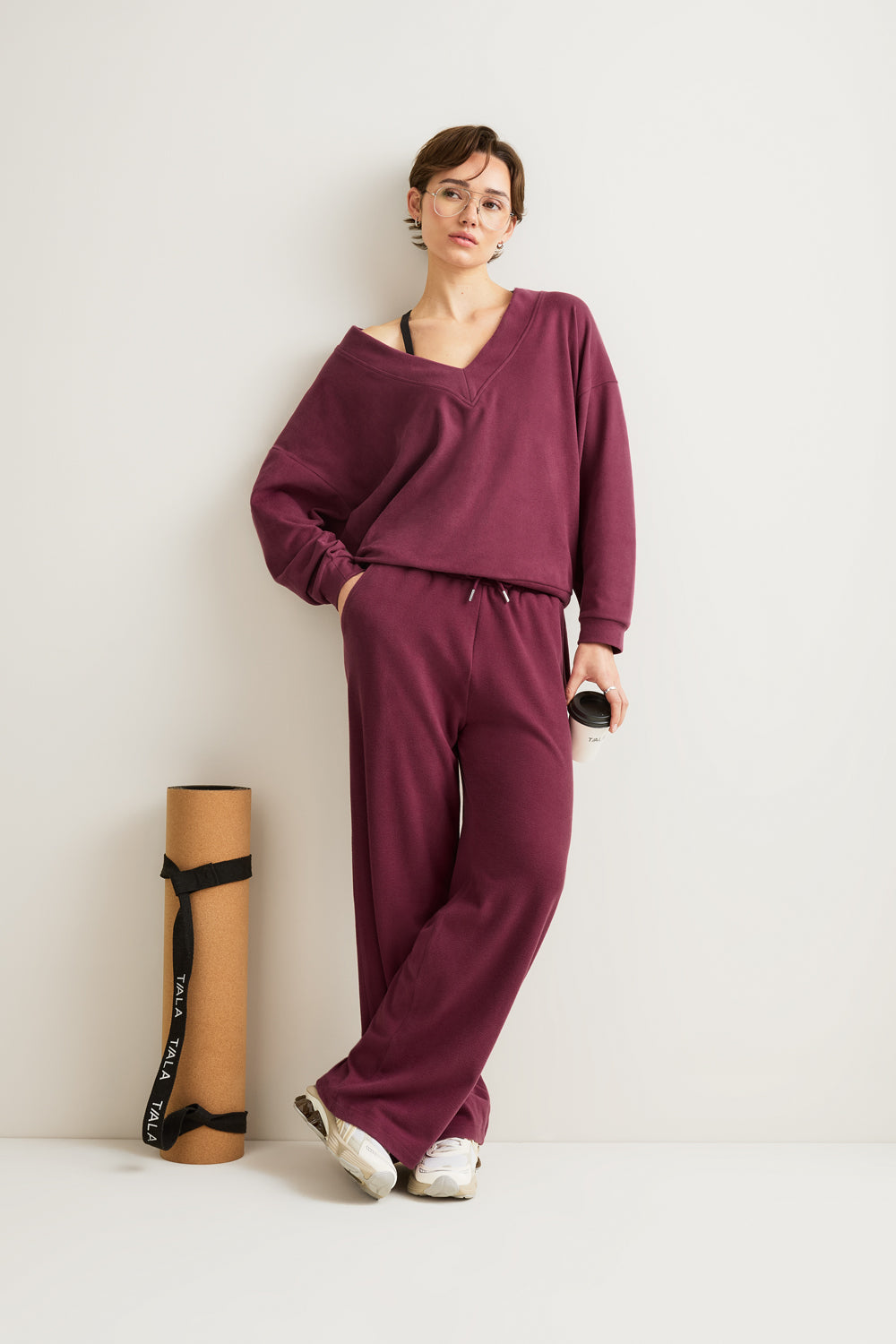 Plush Oversized V Neck Sweatshirt - Cranberry