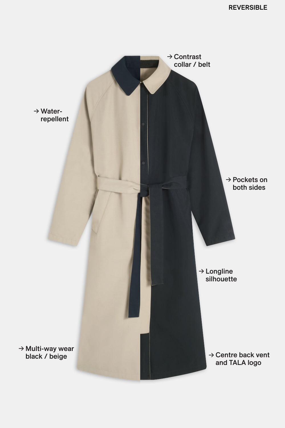 Longline Reversible Trench - Beige / True Black