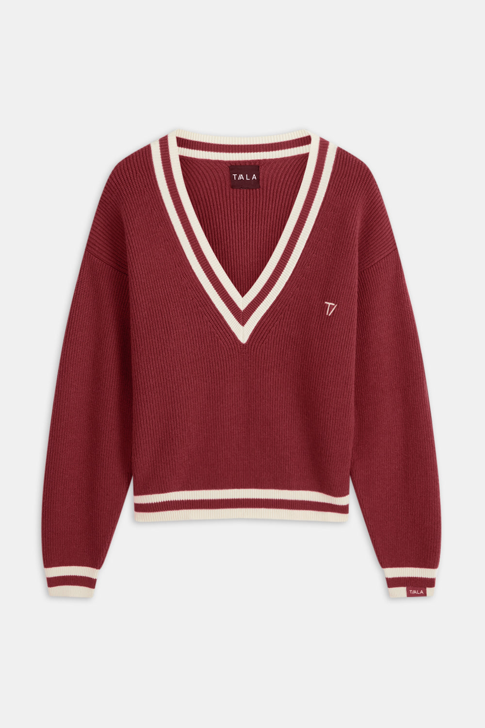 V Neck Knitted Cricket Jumper - Vintage Red & Ivory