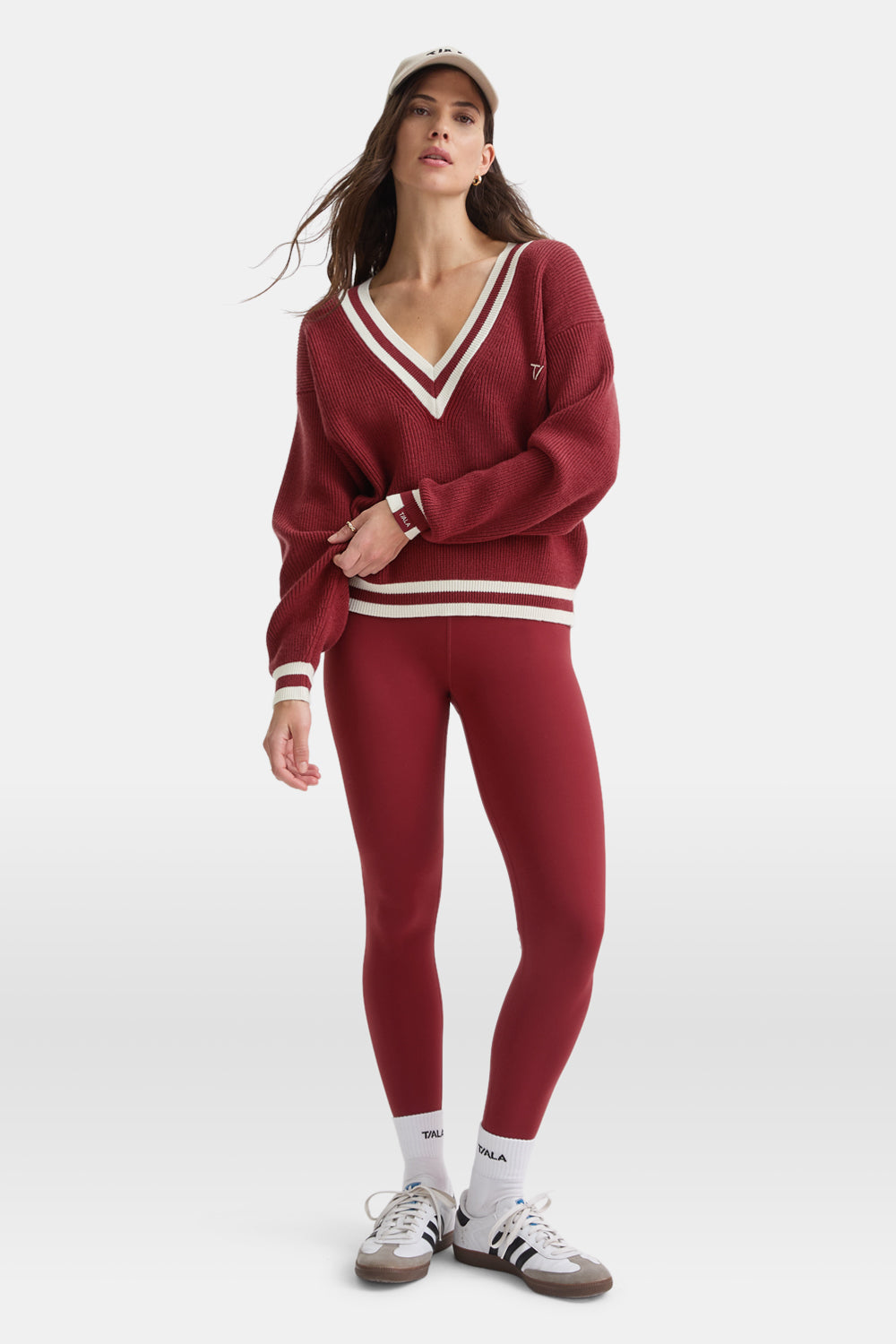 V Neck Knitted Cricket Jumper - Vintage Red & Ivory