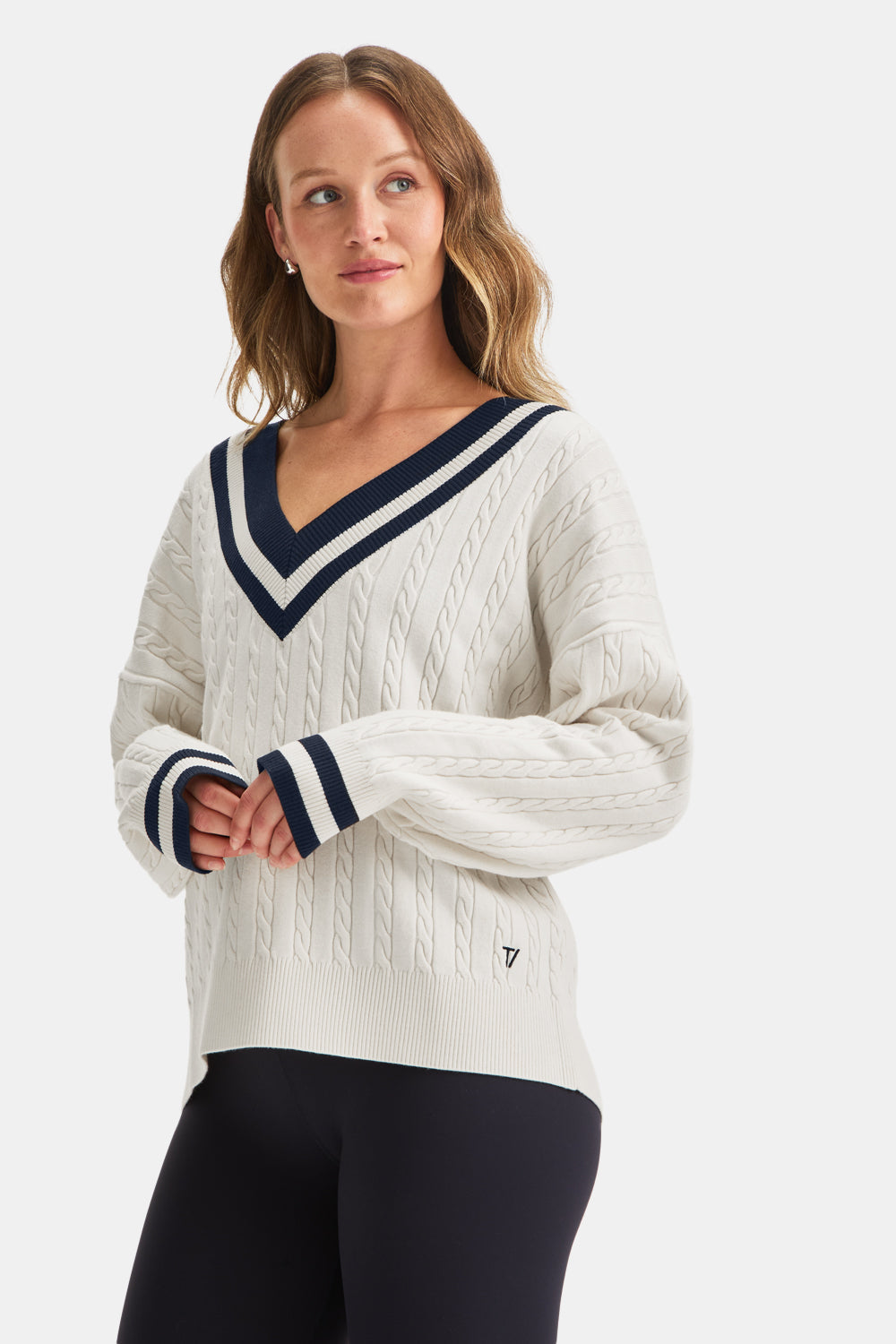 Oversized V Neck Knitted Cricket Jumper - Ivory & Midnight Navy