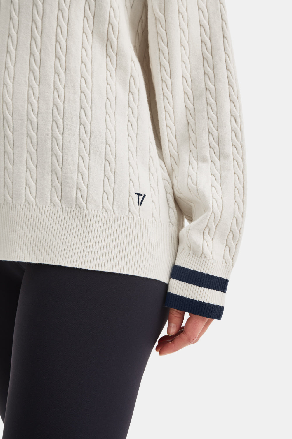 Oversized V Neck Knitted Cricket Jumper - Ivory & Midnight Navy