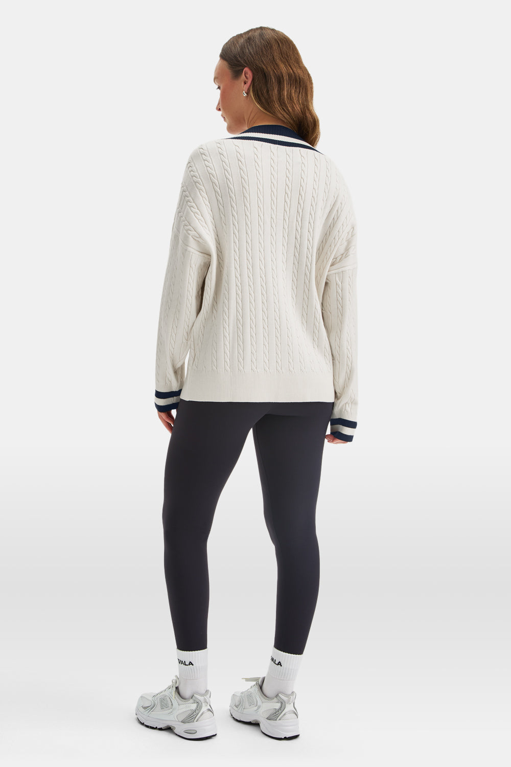 Oversized V Neck Knitted Cricket Jumper - Ivory & Midnight Navy