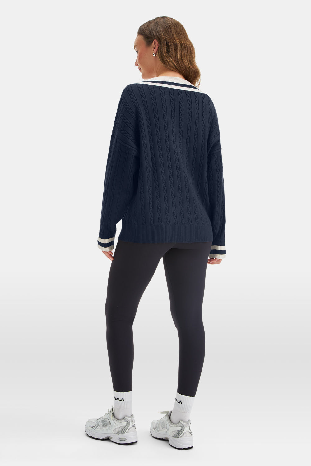 Oversized V Neck Knitted Cricket Jumper - Midnight Navy / Ivory