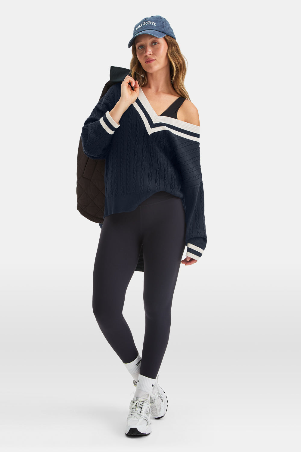 Oversized V Neck Knitted Cricket Jumper - Midnight Navy / Ivory
