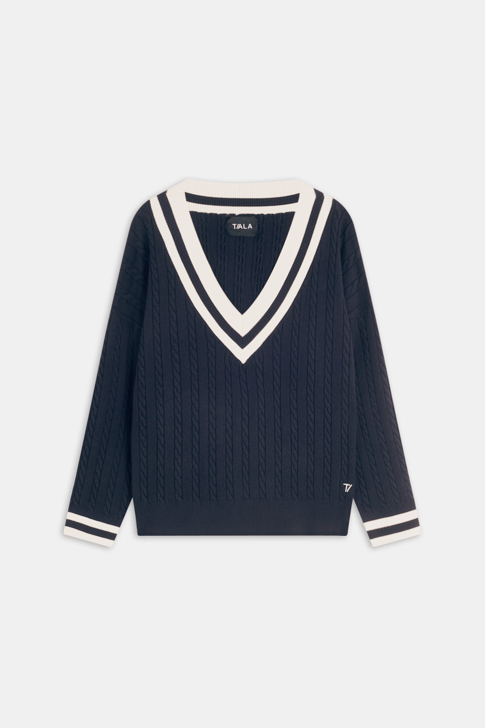 Oversized V Neck Knitted Cricket Jumper - Midnight Navy / Ivory